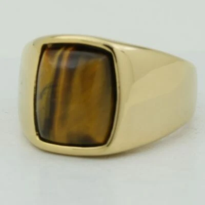 Anillo ojo de tigre natural de acero inoxidable DG para hombre #8,9-13 caja chapada en oro Foto 1 de 3