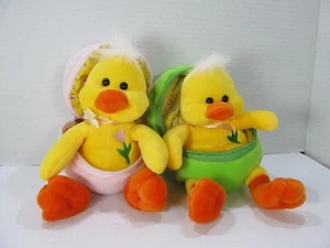 Lot of 2 Yellow Chicks Ducks In Zip Up Eggs Plush Easter Farm 8" Green Pink - Picture 1 of 13