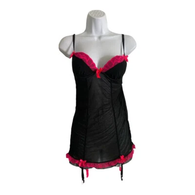 VTG La Senza Bustier Teddy Lingerie w/Garter XS Pink Bows Sheer Black Whimsigoth - Image 1 of 4