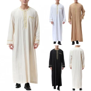 Men's Long Sleeve Muslim Islamic Kaftan Dishdasha Abaya Jubba Saudi Thobe Robe - Picture 1 of 18