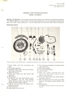 OEM Genuine Kawasaki New Bike Service/Assembly Sheet/Manual KZ1000 1983 Lawson - Picture 1 of 1