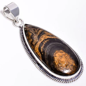 Midicine Brown Gemstone Vintage Handmade .925 Silver Plated Pendant 2.5" GSR898 - Picture 1 of 2
