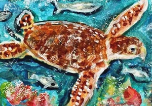 ORIGINAL ACEO Painting SEA TURTLE Ocean Swim Tropical Marine Life Reef ATC ART - Picture 1 of 1
