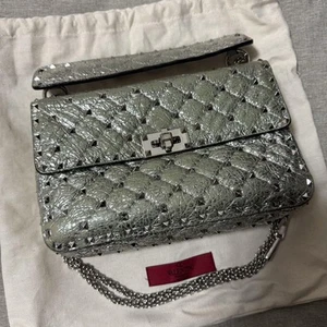 VALENTINO Rockstud Spikes Limited Edition Silver Leather Ladies with storagebag - Picture 1 of 9