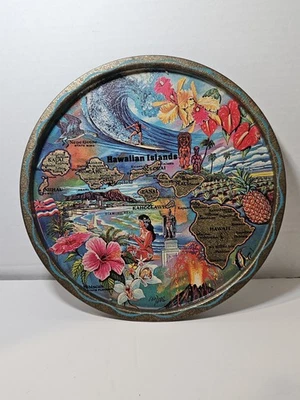 Vintage Hawaiian KEN HAAG Islands Souvenir Tray Round Gold Blue Surfer Map Art - Image 1 of 4