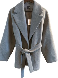 The GAP Size Medium NWT Gray Wool Blend Mid Length Tied Coat Classic Timeless - Picture 1 of 9