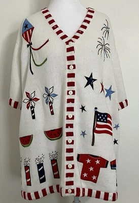 Quacker Factory Fourth July Independence Day Patriotic American Flag Cardigan 1X - Image 1 of 4