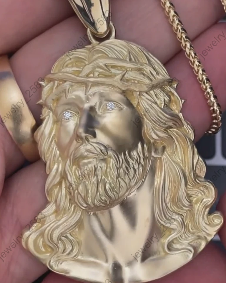 Certified Natural Diamond Christmas Gift Mens Jesus Head Medallion Pendant 925S - Image 1 of 4