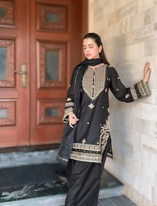 Fashionable Black Roman Silk Top Palazzo With Dupatta For Traditional Wear - Picture 1 of 14