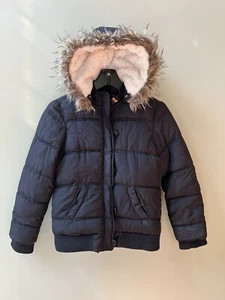 JUSTICE Girl’s Black Puffer Coat Size 10 Removable Faux Fur Hood Distressed - Picture 1 of 24