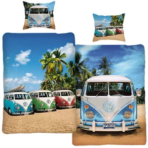 VW Bulli Bettwäsche Volkswagen Live 100% Baumwolle Biber 135x200 cm & 80x80 cm - Bild 1 von 7