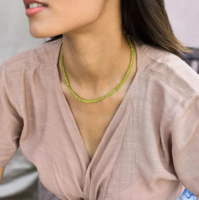 Genuine Faceted Peridot 2mm Beaded Choker Healing Minimalist Birthstone Necklace - Image 1 of 4