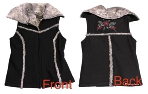 Isländisches Design S Wolle Pullover Weste Full Zip schwarz tailliert Reißverschlusstaschen Kunstfell - Bild 1 von 12