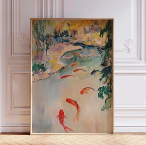 Japanese Koi Fish in Pond Japandi Wall Art Print - Picture 1 of 6