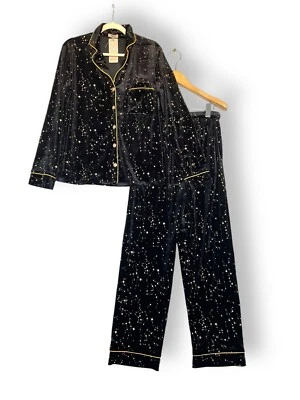The Night Store Black velvet Pyjama Set Top & Shirt UK 8 Sample night stars - Image 1 of 4