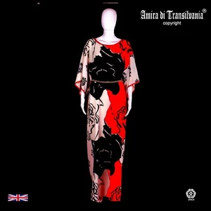 woman clothing summer couture fashion griff elegant kaftan black red white roses - Picture 1 of 12