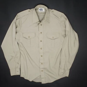 VTG Woolrich Utility Shirt Mens S Solid Beige Polyester Cotton Blend Epaulet USA - Picture 1 of 7