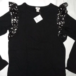 J Crew Crewcuts Longsleeve Top LG Jersey schwarz gold Tüll Rüschen Schulter NEU - Bild 1 von 7