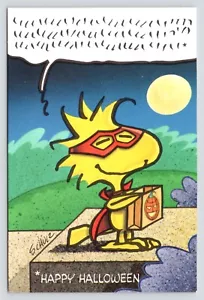 Woodstock Feliz Halloween Máscara Truco o Trato Bolsa Charlie Brown c1990 Postal - Imagen 1 de 2