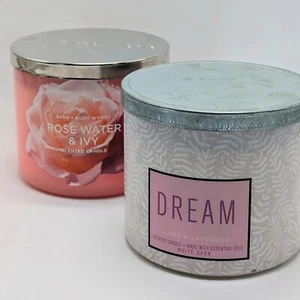 NEW Bath & Body Works Rose Water & Ivy/Dream Linen & Lavender 3wick Soy Candles - Picture 1 of 5