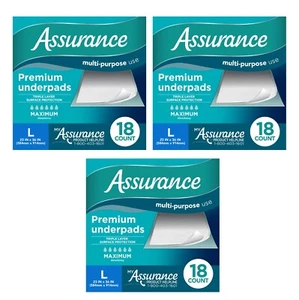3 Pack 18 ( 54 ct) Assurance Maximum Absorbency Unisex Premium Underpad Size L - Picture 1 of 18