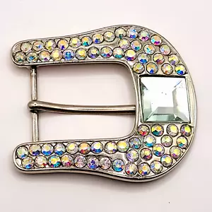 Fibbia per cintura vintage glitterata borchie strass singola punta tono argento - Foto 1 di 10