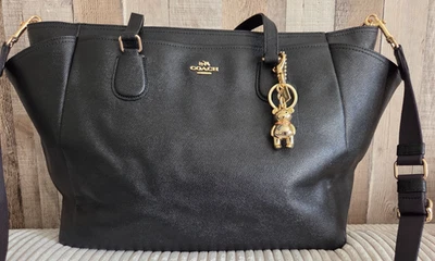 Coach Black Crossgrain Leather Large Diaper Bag Tote Bear Charm F57786 - Image 1 of 4