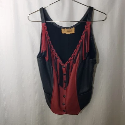 Chaleco de moto de cuero hecho a mano para mujer con borlas, laterales con cordones talla M negro rojo Foto 1 de 4