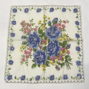 Vintage Burmel Handkerchief Blue Roses Pansies Floral White Cotton Hankie Hanky - Picture 1 of 6
