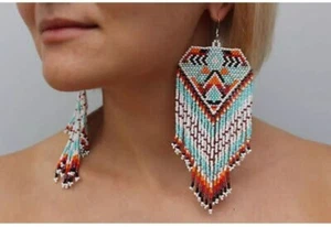 Pendientes Tribales Nativos Grandes Boho Americanos Semilla Cuentas Hecho a Mano Pendiente - Imagen 1 de 2
