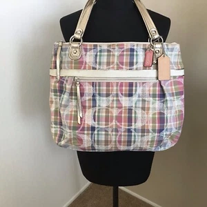Coach Poppy Madras Sequin Collection Rare Large Bag Purse Cream Pink Plaid EUC - Picture 1 of 15