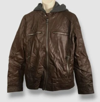 $226 Guess Hombre Marrón Imitación Cuero Capucha Motocicleta Abrigo Chaqueta Talla L Foto 1 de 4