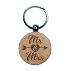 Mr and Mrs Heart and Arrow Wedding Engraved Wood Round Keychain Tag Charm