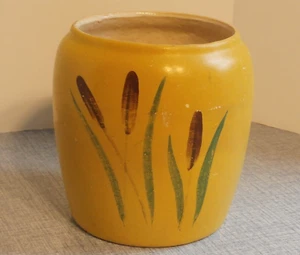 Mid Century USA Pottery Yellow Crock w/Cattail Design Planter Vase Rustic Cabin - Picture 1 of 14