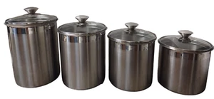 Set of 4 Professional Quality Stainless Steel Kitchen Canisters w/ Glass Lids - Picture 1 of 20
