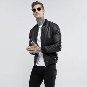 ASOS Genuine Leather Bomber Varsity Jacket Black M - Picture 1 of 8