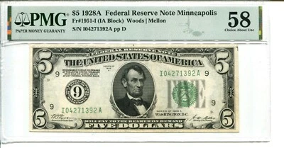 FR 1951-I 1928A $5 FEDERAL RESERVE PMG 58 CHOICE ABOUT UNCIRCULATED - Image 1 of 2