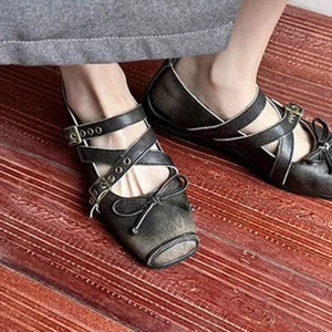 Zapatos de ballet Mary Jane estilo francés retro punta cuadrada cuero real hebilla - Imagen 1 de 9