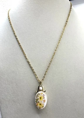 "Collar colgante tono dorado con colgante de doble cara de cerámica floral 20""" Foto 1 de 4