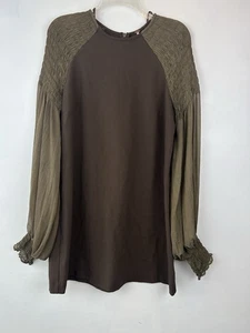 Free People Dress Womens Medium Brown Sheer Sleeve Mini Boho Short Groovy - Picture 1 of 9