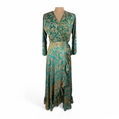Cienna Elsa Wrap Maxi Dress Silk Blend Bell Sleeve Turquoise Gold Sz Small NWT - Image 1 of 4