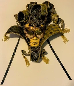 Mardi Gras Mask VENEZIA Hand-Painted Made in Italy With Headdress/Holding Stick - Picture 1 of 8