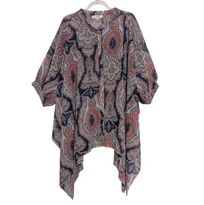 Camisa Umgee Transparente De Gran Tamaño Para Mujer Talla S/M Rosa Geométrica Boho Dobladillo Mordedura de Tiburón Foto 1 de 4