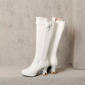 Retro Western British Mujeres Botas Hasta la Rodilla Caballero Montar Bloque Tacones Cremallera Talla - Imagen 1 de 26