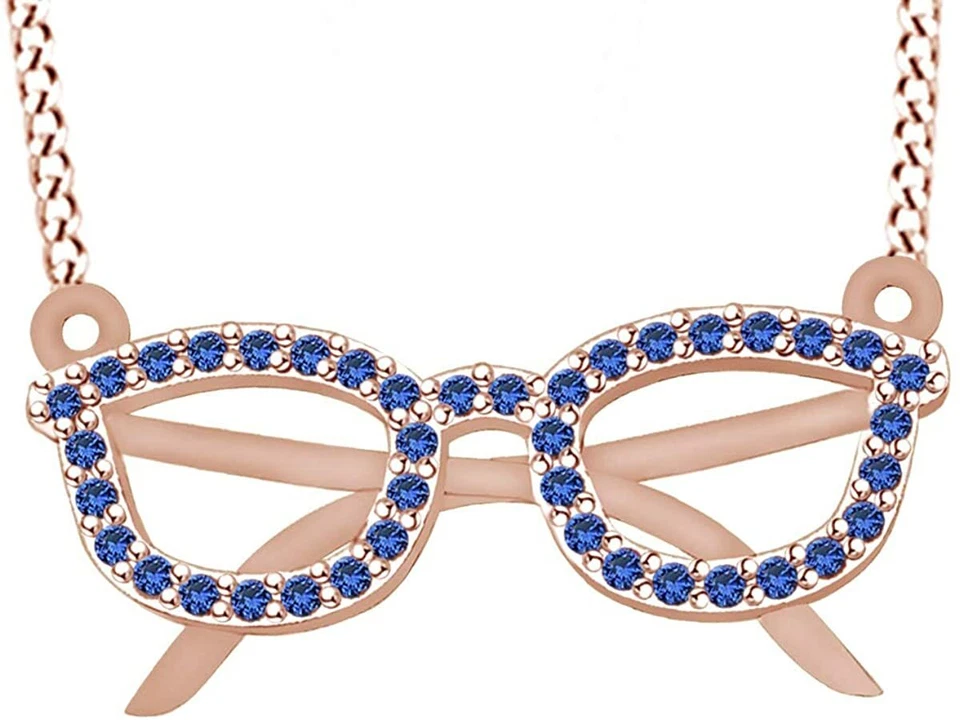Collar colgante redondo de gafas de zafiro simulado chapado en oro de 14 k plata de ley Foto 1 de 1