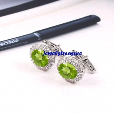 Natural Peridot & CZ Gemstones with 925 sterling silver Cufflinks for Men's #880 - Image 1 of 3