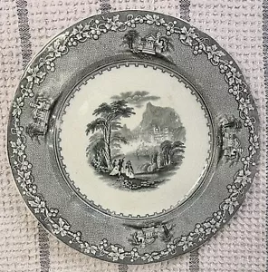 9” Antique Black/Gray Transferware Plate mountain scene Jenny Lind Staffordshire - Picture 1 of 5