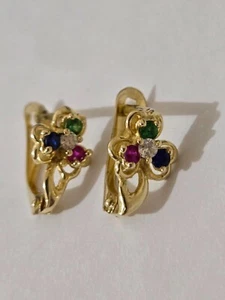 Small Huggie Earrings 14k Yellow Gold Synthetic Ruby Sapphire Emerald Stones 12m - Picture 1 of 12