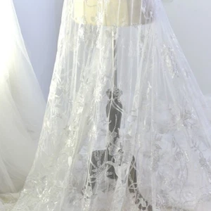 French Chantilly Lace Fabric Embroidered Floral Sequin Wedding Bridal Dress DIY - Picture 1 of 11