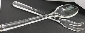 Crystal Salad Fork & Spoon 9 3/4" Cut Banding Deep Clear Food Serving - Picture 1 of 11